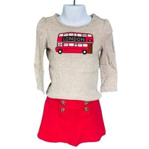 Gymboree Tan & Red London Double Decker Bus Tee & Skirt Outfit Girls Size 3T